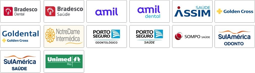 ALLIANZ SAÚDE,AMIL, ASSIM, BRADESCO SAÚDE, INTERMEDICA,NOTREDAME,GOLDEN CROSS, OMINT, PORTO SEGURO, PRIMAVIDA, SOMPO SAÚDE, SUL AMÉRICA SAÚDE, UNIMED LESTE FLUMINENSE, UNIMED RIO, UNIMED SEGUROS