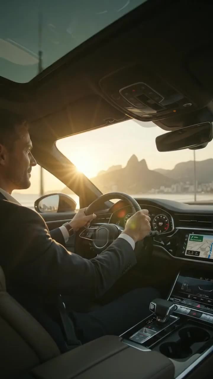 Motorista dirigindo pela orla do Rio ao amanhecer