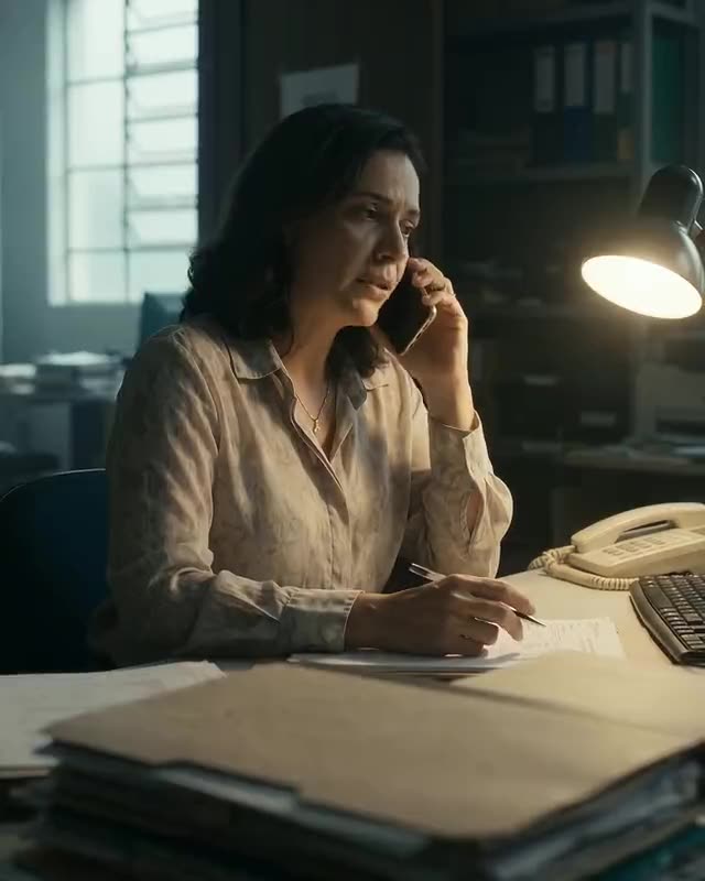 Gestora ao telefone conferindo papéis no escritório