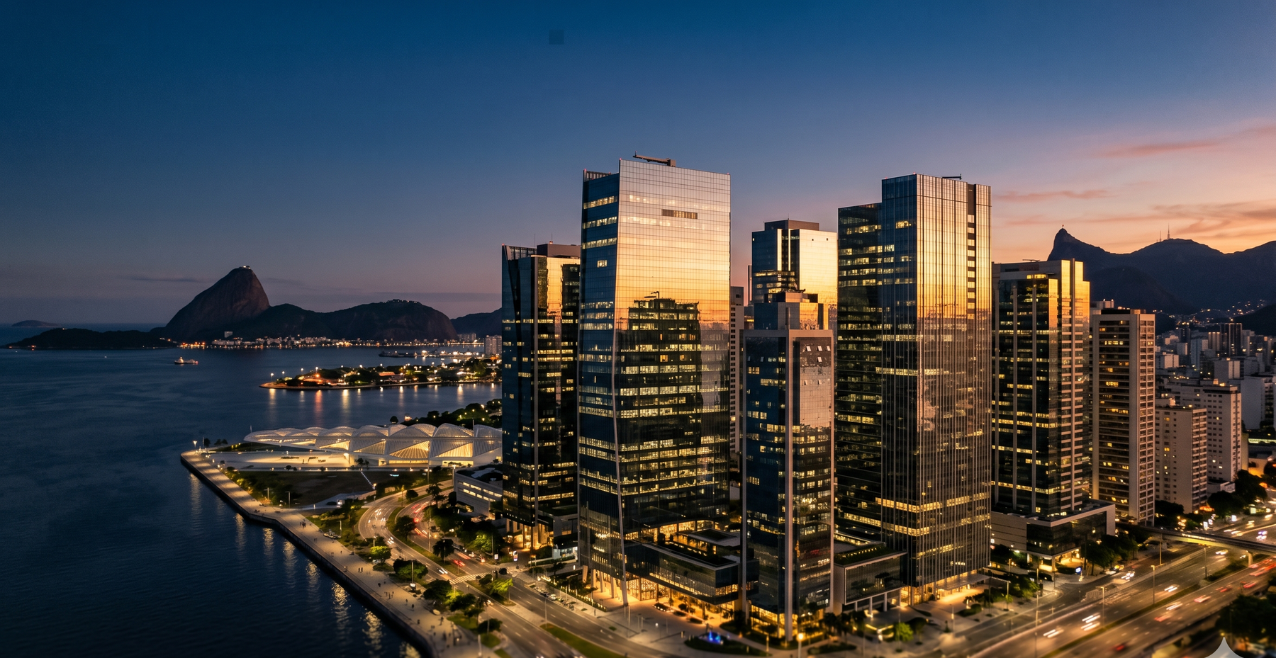 Skyline corporativo do Rio de Janeiro ao entardecer