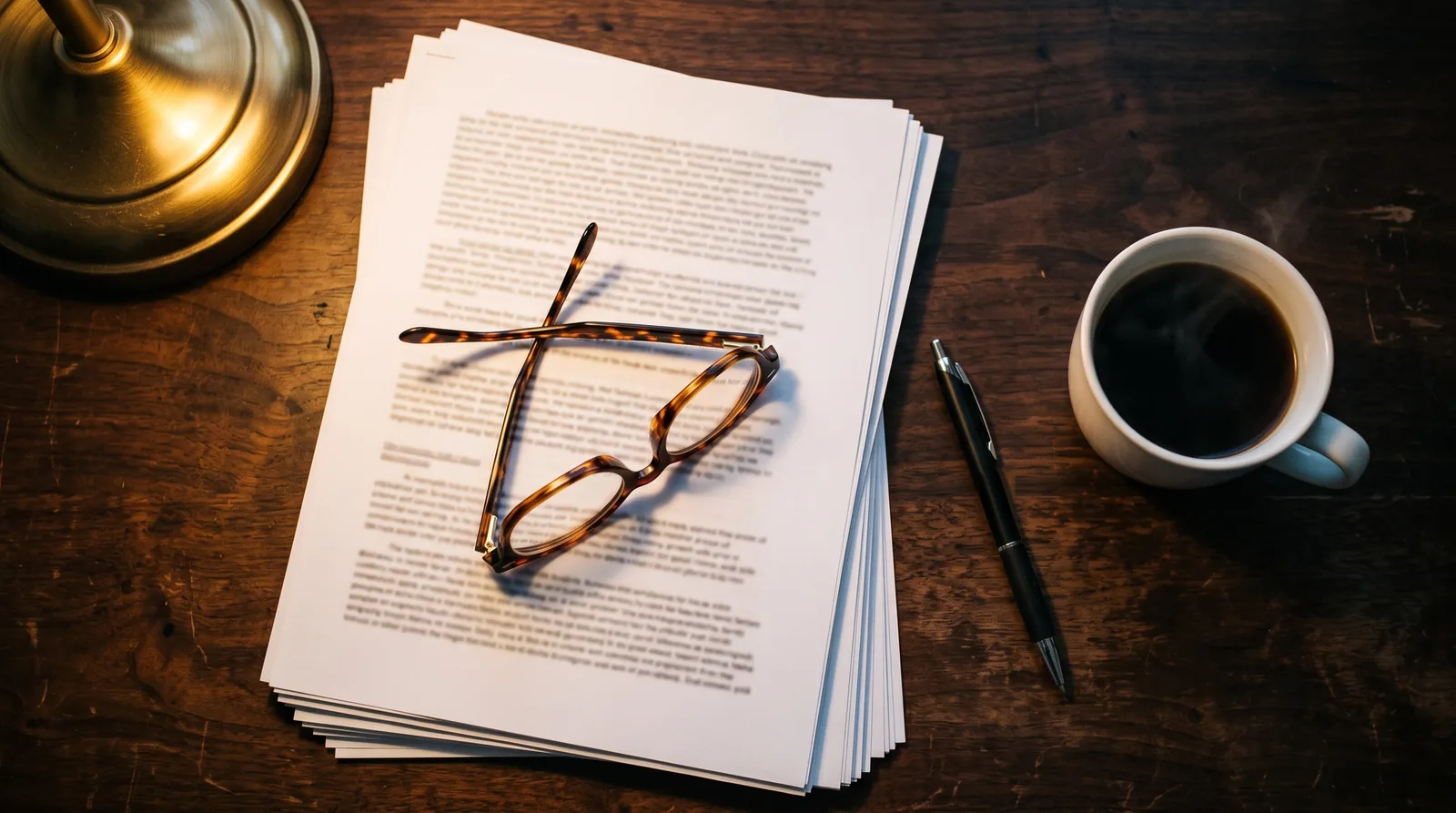 Apólice impressa sobre a mesa, com óculos de leitura e caneta, durante a análise