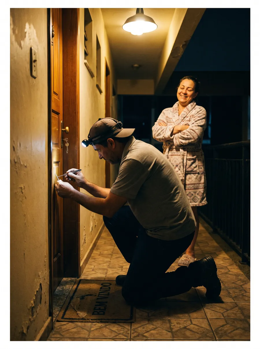 Chaveiro atendendo à noite no corredor de um prédio, com a moradora esperando