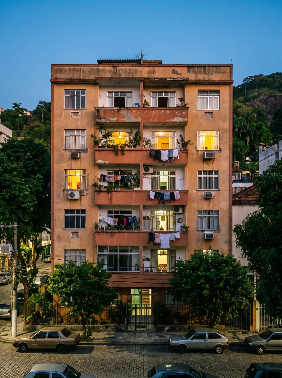 Prédio residencial no Rio de Janeiro no fim da tarde, com janelas acesas