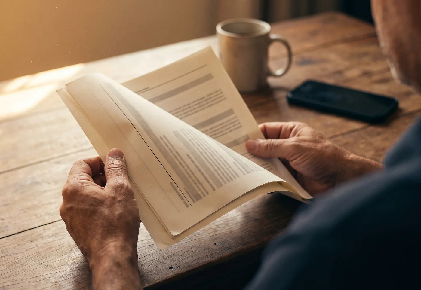 Pessoa lendo o documento da análise da apólice sobre a mesa