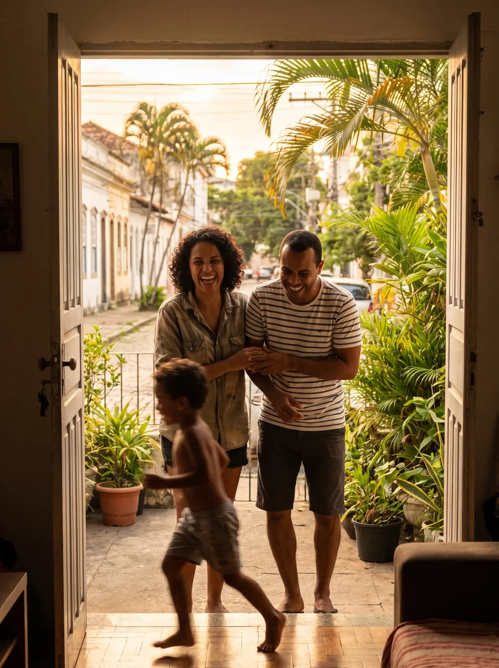 Família chegando em casa no fim da tarde, no Rio de Janeiro